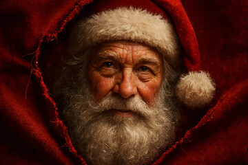 Intense Close-up Portrait of Santa Claus Peeking Through Red Fabric