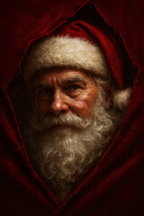Intense Close-up Portrait of Santa Claus Peeking Through Red Fabric