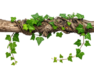 Close-up of a wooden branch with vibrant green ivy leaves and vines