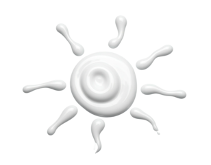A white, stylized sun symbol rendered with a glossy, 3D effect against a stark black background