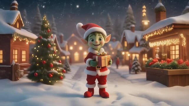 Cute Christmas elf in a Santa outfit holding a gift, standing in a snowy festive village filled with lights, trees, and holiday decorations.
