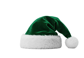 close-up, photorealistic shot of a luxurious, deeply saturated forest green velvet santa hat with thick white faux fur trim, isolated on a transparent background. concept for luxury holiday