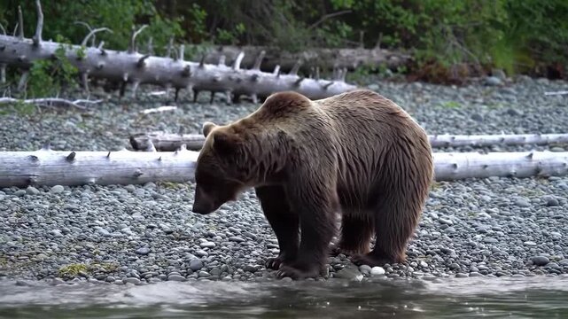 Large brown ursine creature standing on rocky shoreline near water