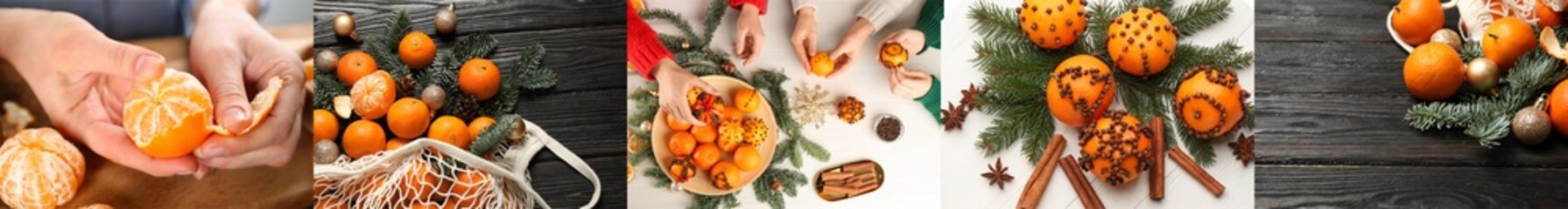 Collage with fresh tangerines, banner design. Christmas citrus fruit