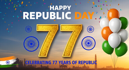 Happy 77th republic day india celebration with balloons and flag