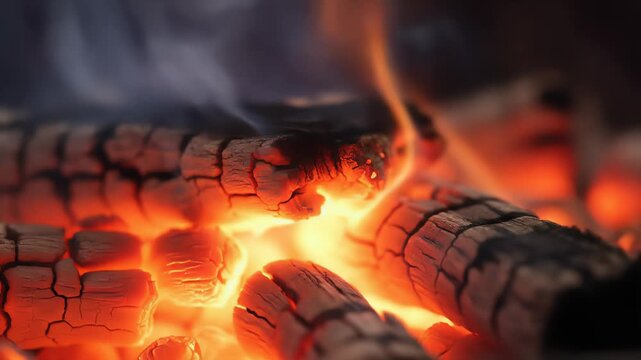 Macro shot of hot orange embers and cracked burning logs in a fireplace. Gentle smoke drifts upwards, creating a warm and inviting visual.