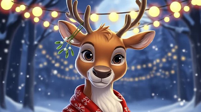 Cute Reindeer in Winter Wonderland with Mistletoe and Christmas Lights.