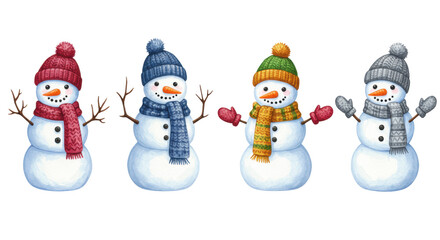 Six cute anthropomorphic watercolor snowmen in a horizontal row wearing detailed colorful knitted hats and scarves against a stark white studio background. Concept for winter holiday design