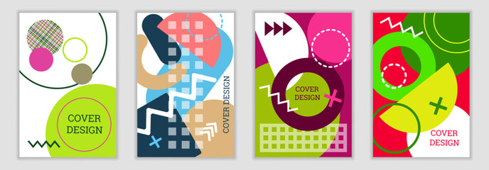 Bright background in Memphis style. Fashionable bright cover, banner, poster, booklet. Bright colors. Vector illustration