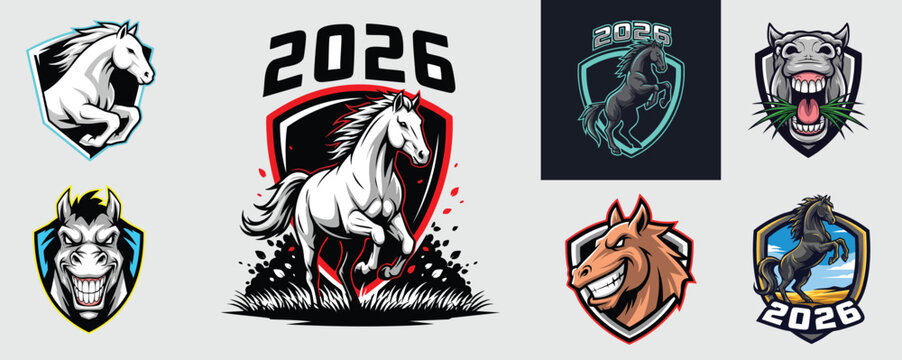 Dynamic collection of aggressive horse and donkey mascot logos and emblems for the year 2026 sports teams or gaming.
