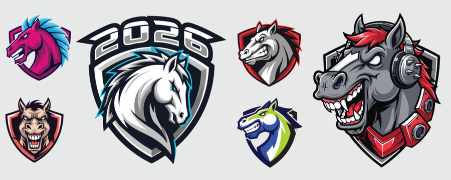 Collection of futuristic, aggressive horse, and equine head mascot logos for e-sports teams celebrating the year 2026.