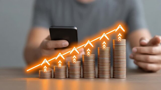 Growth in Savings Represented by Stacked Coins and Smart Phone on Table for Financial Planning Concept 4k Video footage