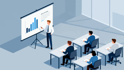 This isometric illustration shows a business professional presenting data to a group of colleagues taking notes in a conference room, capturing a corporate meeting focused on strategy and analysis.