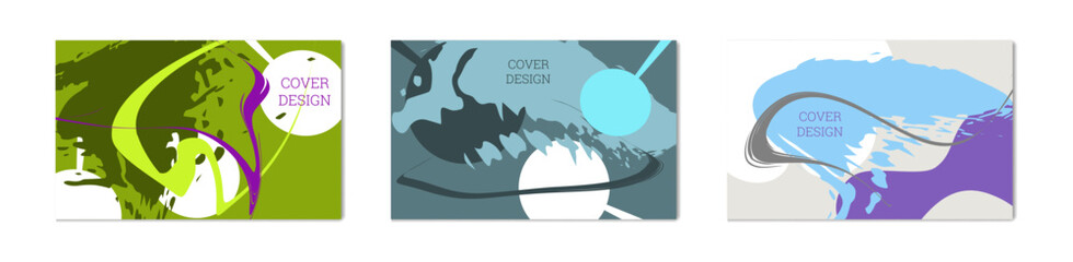 Paint strokes and geometric elements. Set of 3 multi-colored backgrounds. Unusual creative background.