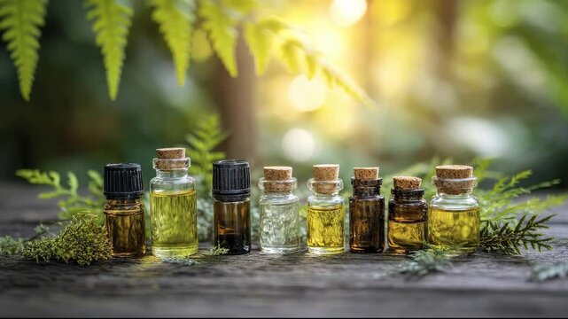 A row of small glass bottles with various colored oils on a weathered wooden surface The bottles with corks and screw caps are surrounded by green foliage with a sunlit blurry background