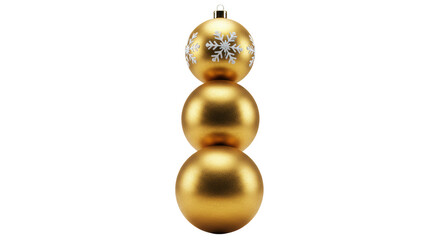 three luxurious deep matte gold spherical baubles, vertically stacked, intricate snow-white snowflake filigree, transparent high-key studio background. concept of minimalist holiday elegance