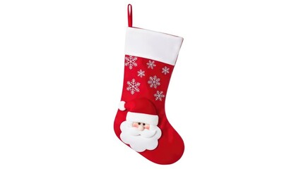 Festive red Christmas stocking with Santa Claus design and snowflakes