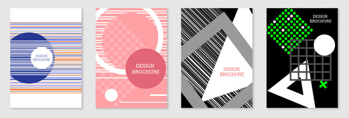 Bright background in Memphis style. Set of 4 geometric cover designs. Fashionable bright cover, banner, poster, booklet. Bright colors. Vector eps