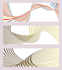 Wavy lines or ribbons. Set of 3 backgrounds. Multicolored striped gradient. Creative unusual background with abstract wavy lines. Fashionable banner, poster. eps 