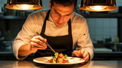 Young caucasian male chef plating gourmet dish under warm lights in professional kitchen