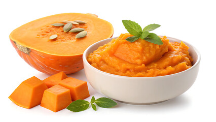 Vibrant autumn pumpkin puree garnished with fresh mint leaves and cubed pumpkin pieces