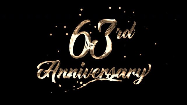 63rd anniversary text animation in golden metallic effect. suitable for celebrating special occasions, invitations, anniversary cards and social media. Includes alpha channel for any background.