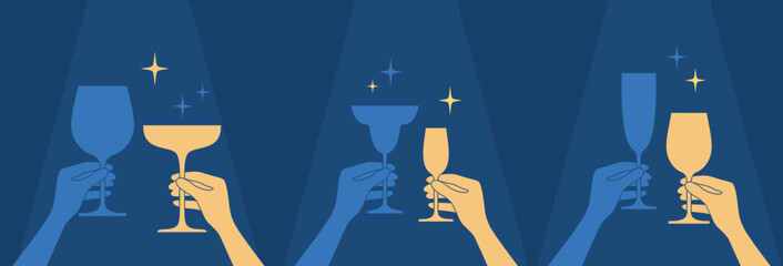 Hands holding different glasses with drinks under spotlights, flat vector illustration
