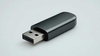 A close up shot of a black usb drive on a white surface in a studio shot