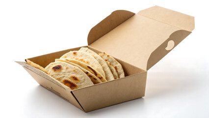 Warm freshly baked flatbreads stacked inside a convenient open cardboard takeout container ready for enjoyment