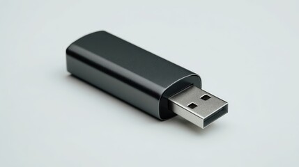 A close up shot of a black usb drive on a white surface in a studio shot