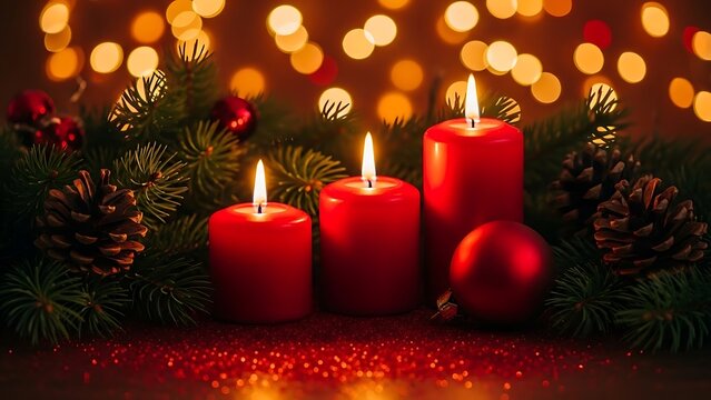 Festive christmas candles with pine cones and ornaments in warm lighting - Powered by Adobe