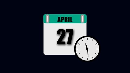 Calendar page showing April 27th next to a clock with hands indicating time twenty seven date