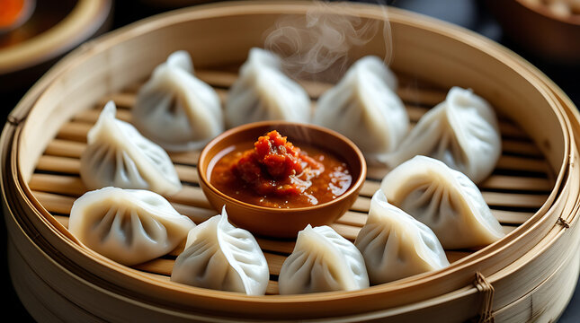 Steamed Momo Dumplings in Bamboo Steamer with Spicy Red Chutney