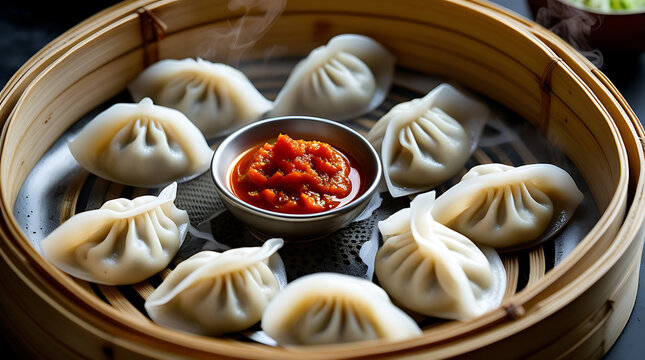 Steamed Momo Dumplings in Bamboo Steamer with Spicy Red Chutney