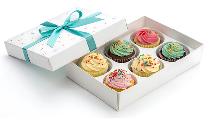 Assortment of six colorful frosted cupcakes presented in a white gift box with a turquoise ribbon