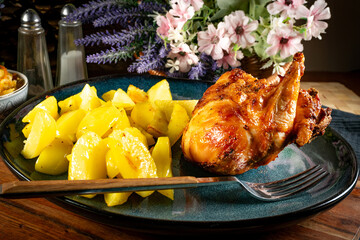 A delicious piece of roasted chicken.