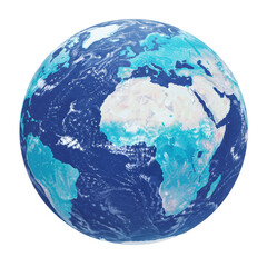 A stylized 3d earth globe, continents rendered in vibrant cerulean watercolor washes, high-res paper texture, isolated on white with copy space, concept of global unity