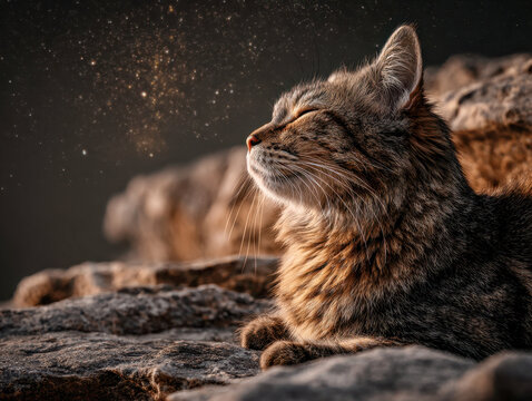 Tabby cat resting on rocky surface with eyes closed in peaceful moment under starry night sky glowing with warm light and cosmic sparkle