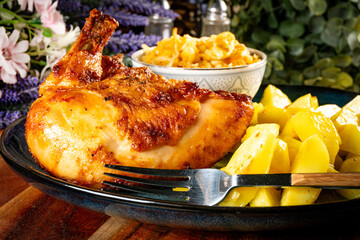 A delicious piece of roasted chicken.