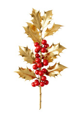 ultra-detailed macro of a reflective metallic gold holly branch and dense crimson berries against a transparent background, high-end luxury product photography. Elegant festive atmosphere