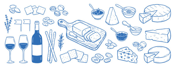 Fototapeta premium Wine and cheese tasting doodle vector set. Hand drawn crackers, nuts, honey and wine glasses. Blue sketch illustrations for gourmet appetizer menu and party snacks.
