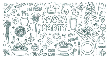 Fototapeta premium Pasta party lettering and food doodle vector set. Hand drawn italian noodles, wine and chef hat. Blue sketch illustrations for restaurant branding and menu