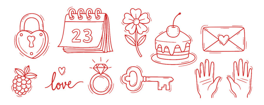 Romantic love and wedding doodle vector set. Hand drawn heart, diamond ring, cake and calendar. Pink sketch illustrations for Valentine's day, engagement and relationship