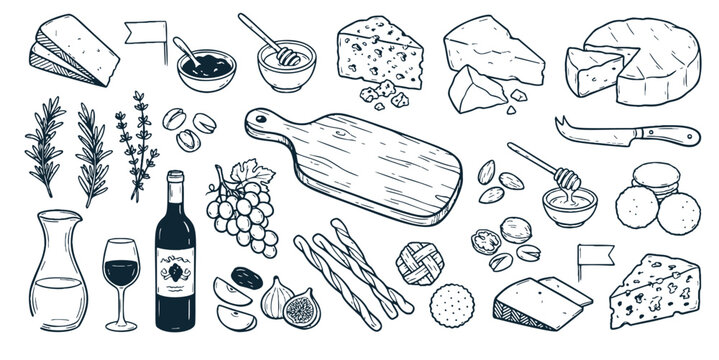 Cheese board and wine doodle vector set. Hand drawn gouda, cheddar, honey, nuts and herbs. Blue sketch illustrations for charcuterie platter, tasting event and appetizers
