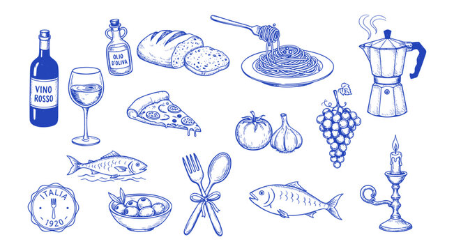 Italian breakfast and dinner doodle vector set. Hand drawn moka pot, wine glass, bread and fish. Blue sketch illustrations for mediterranean cuisine and cafe menu