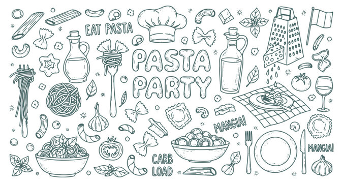 Pasta party lettering and food doodle vector set. Hand drawn italian noodles, wine and chef hat. Blue sketch illustrations for restaurant branding and menu