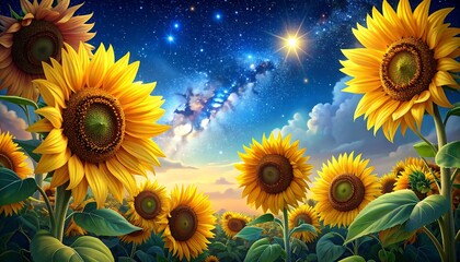 Obraz premium Vivid sunflowers bloom under a bright star-filled sky, accented by wispy clouds, creating a dreamy landscape