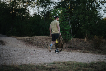 Obraz premium A man in a yellow shirt carries a brown backpack as he walks along a gravel trail through a calm park. The scene conveys fitness, exploration, and outdoor adventure.