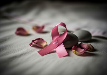 Pink ribbon symbol for breast cancer awareness resting on soft fabric with delicate rose petals and smooth stone for support concept