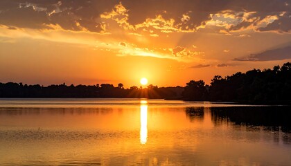 Vivid sunset casts golden light over a calm lake, silhouetting trees along the far shore under a cloudy sky